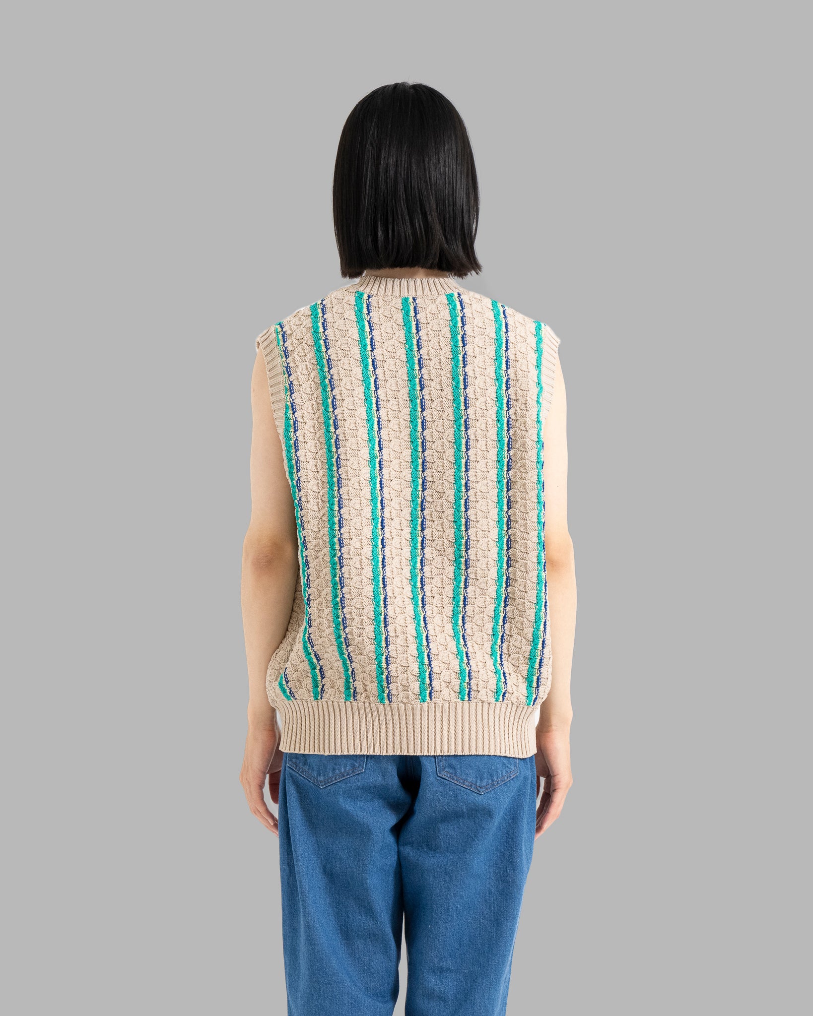 Low Gauge Knit Stripe Vest --Beige