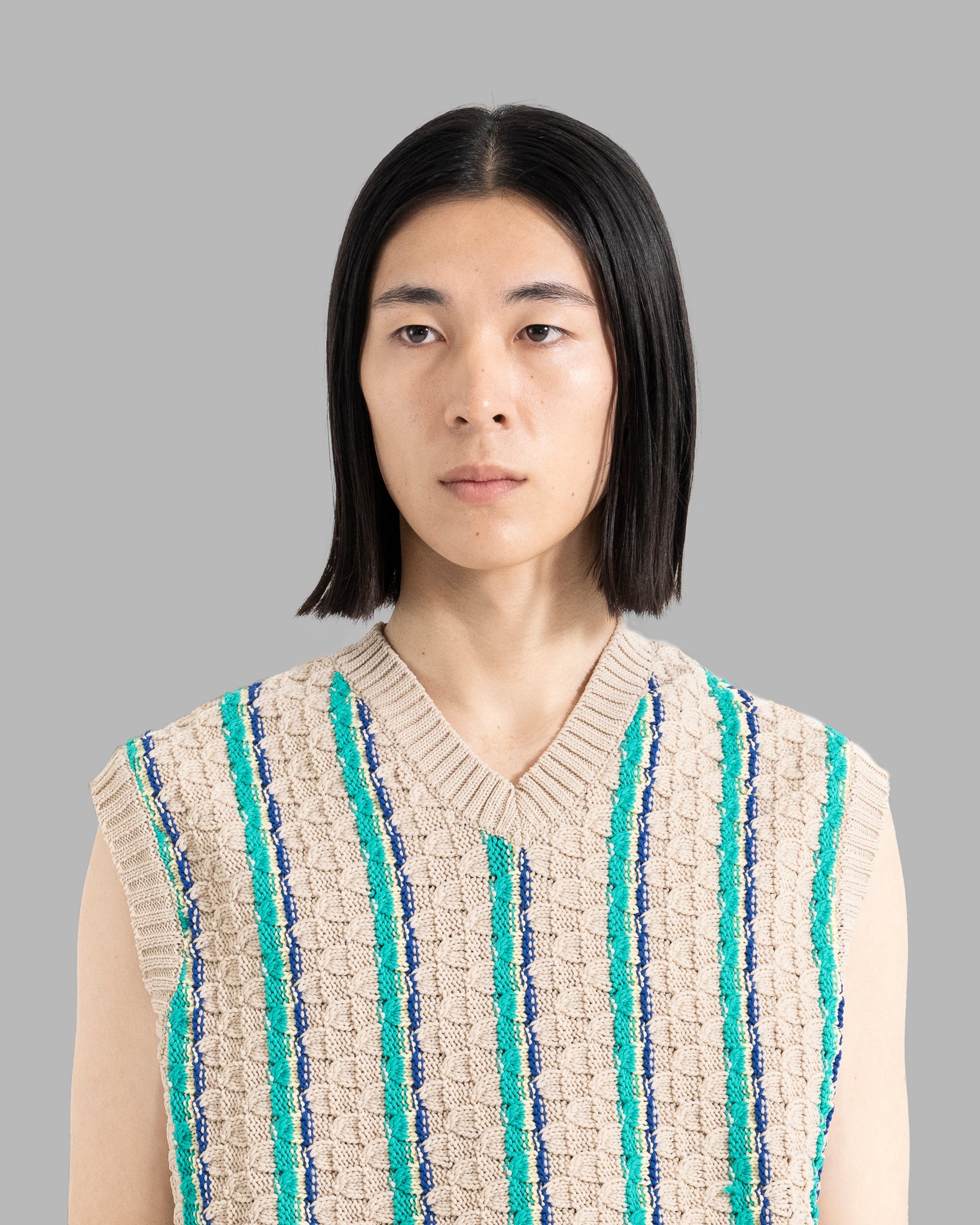 Low Gauge Knit Stripe Vest --Beige