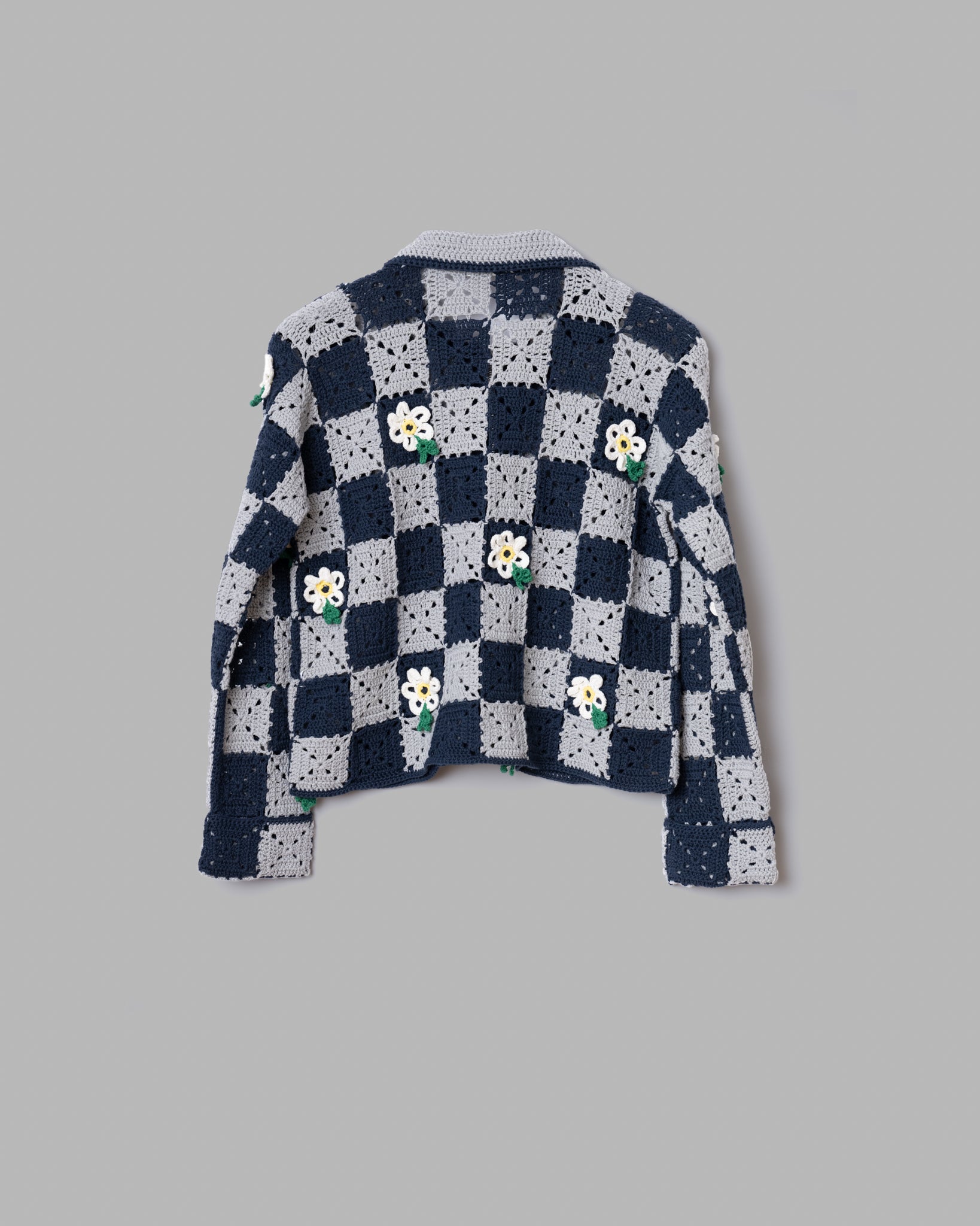 Crochet Flower Motif Hand Knit Jacket -Navy / Gray