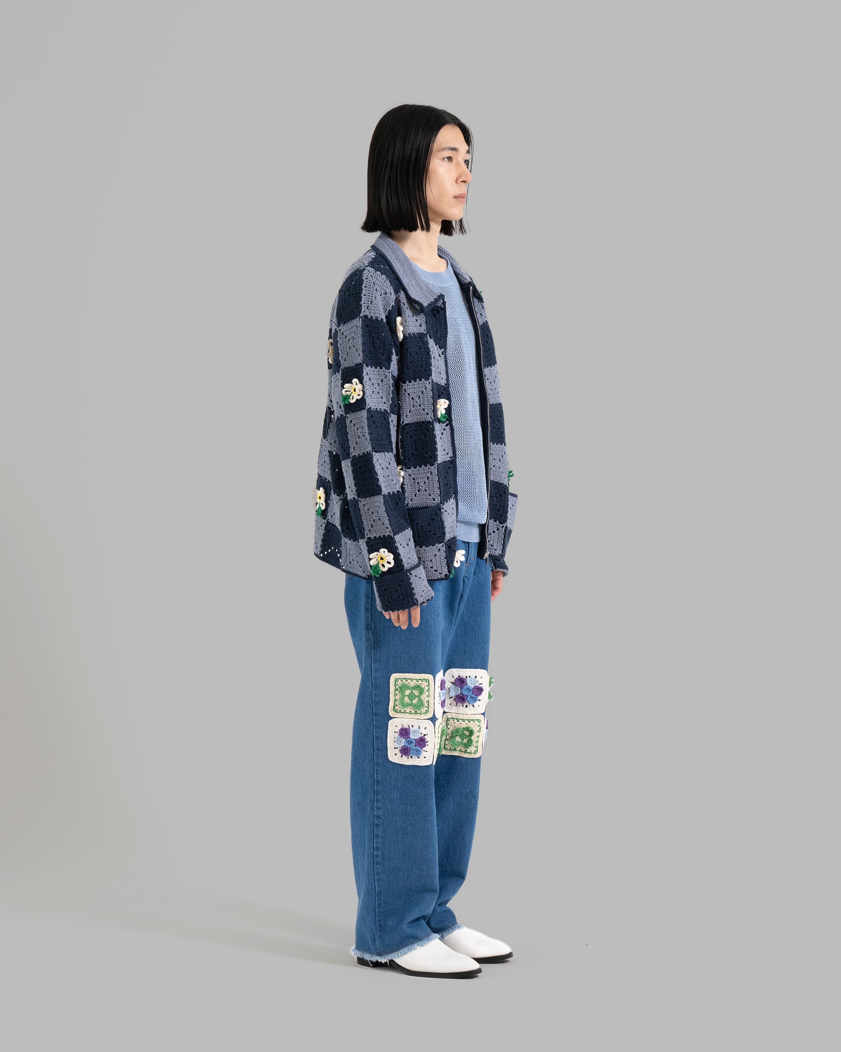 CROCHET FLOWER MOTIF HAND KNIT JACKET - NAVY / LIGHT BLUE