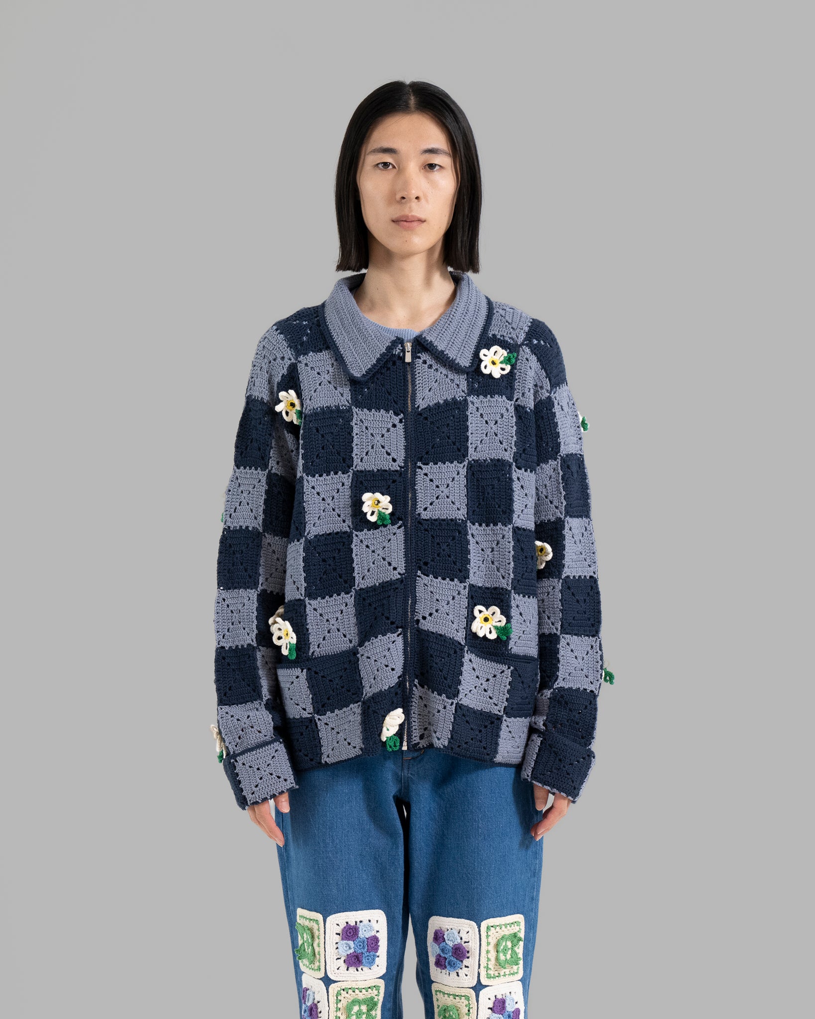 CROCHET FLOWER MOTIF HAND KNIT JACKET - NAVY / LIGHT BLUE
