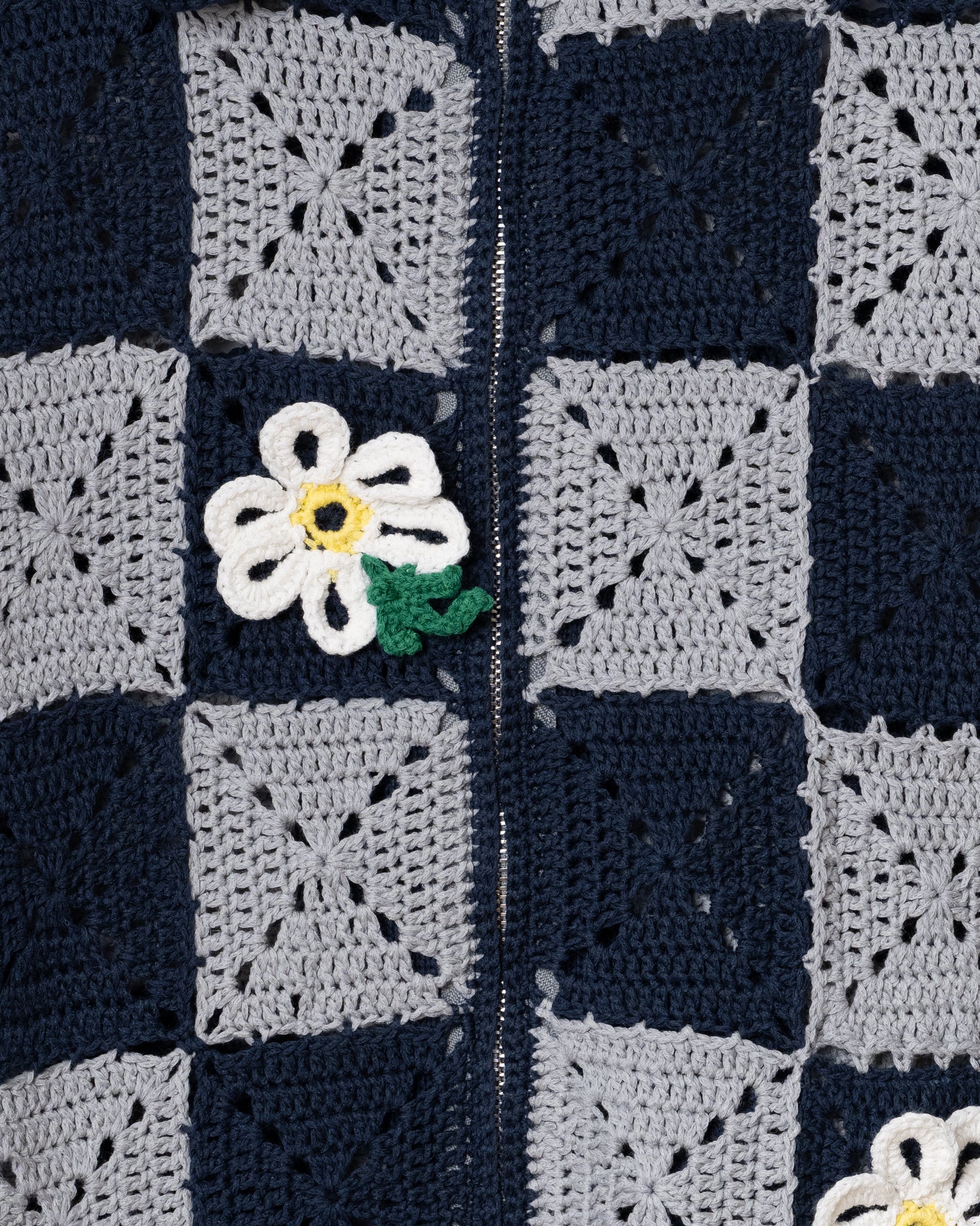 CROCHET FLOWER MOTIF HAND KNIT JACKET - NAVY / GREY