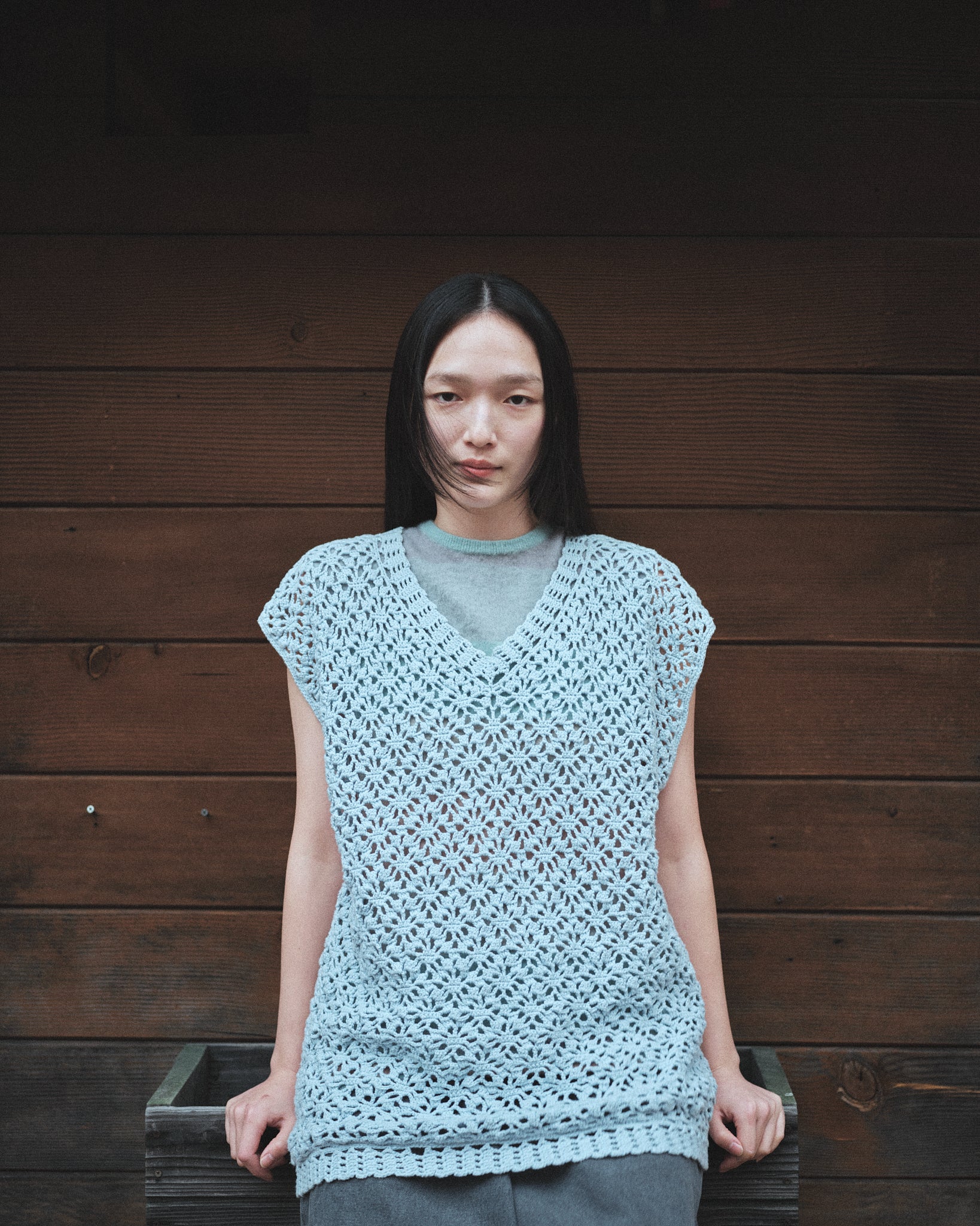 CROCHET HAND KNIT VEST - LIGHT BLUE