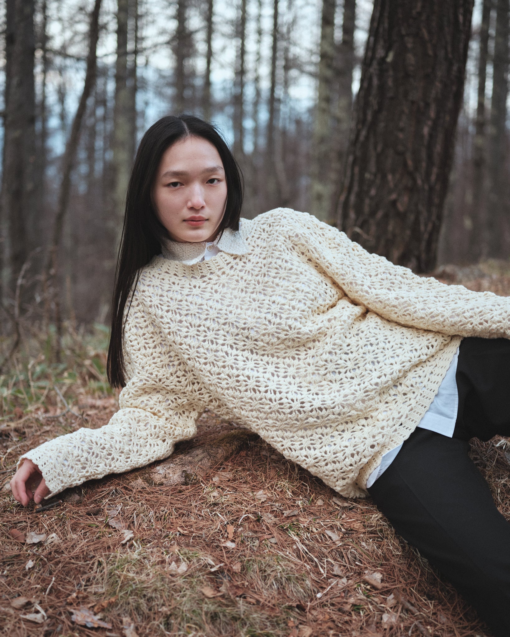 CROCHET HAND KNIT PULLOVER SWEATER - OFF WHITE