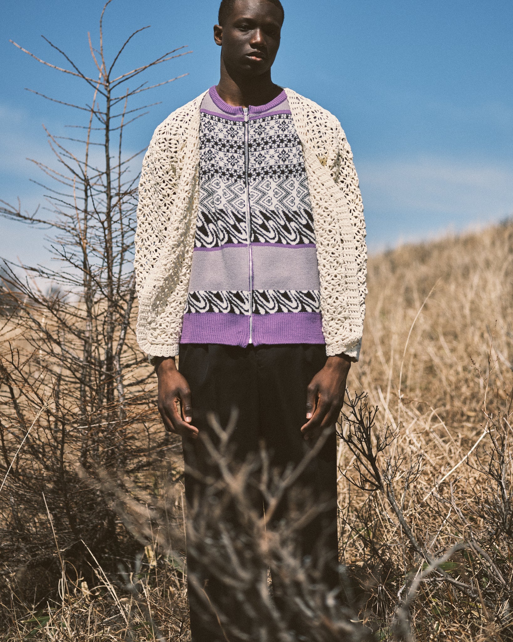 CROCHET HAND KNIT CARDIGAN - OFF WHITE