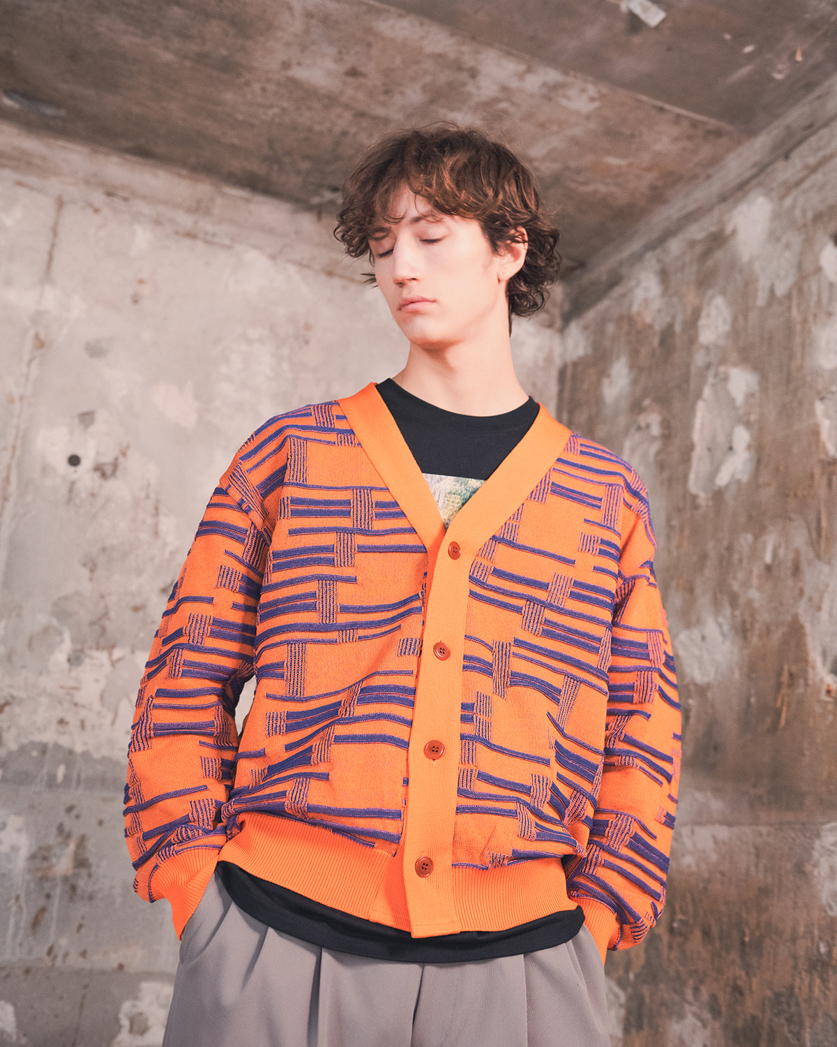 DEFORMATION BORDER KNIT CARDIGAN -ORANGE/BLUE