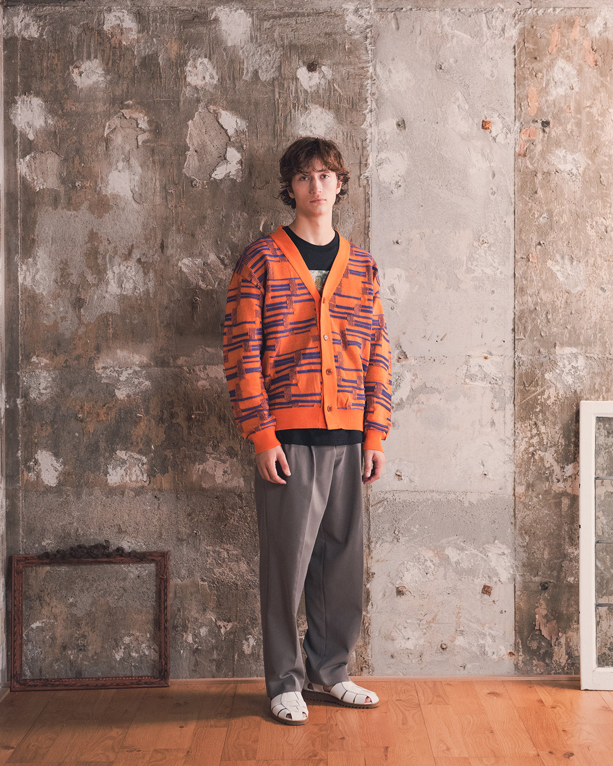DEFORMATION BORDER KNIT CARDIGAN -ORANGE/BLUE